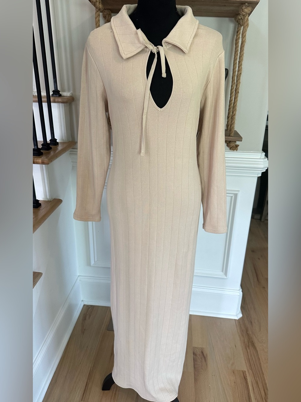 Free People Swim Long Ribbed Tie-Neck Maxi Dress in Beige